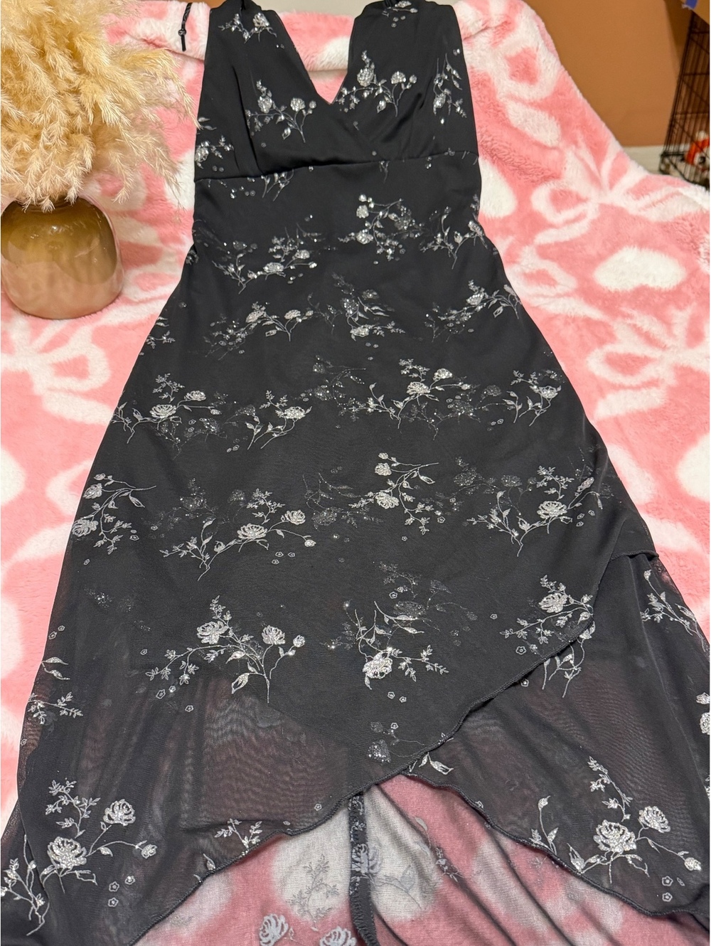Ruby Rox black silver floral mesh handkerchief hem midi dress size M Y2K goth